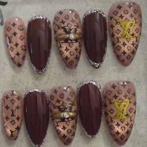 Luxury- Designer Inspired Burgundy & Nude Press-On Nails